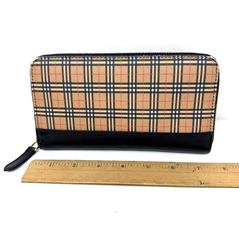 VTG Burberry Zip Around Wallet Clutch Black Leather House Check Canvas Preppy